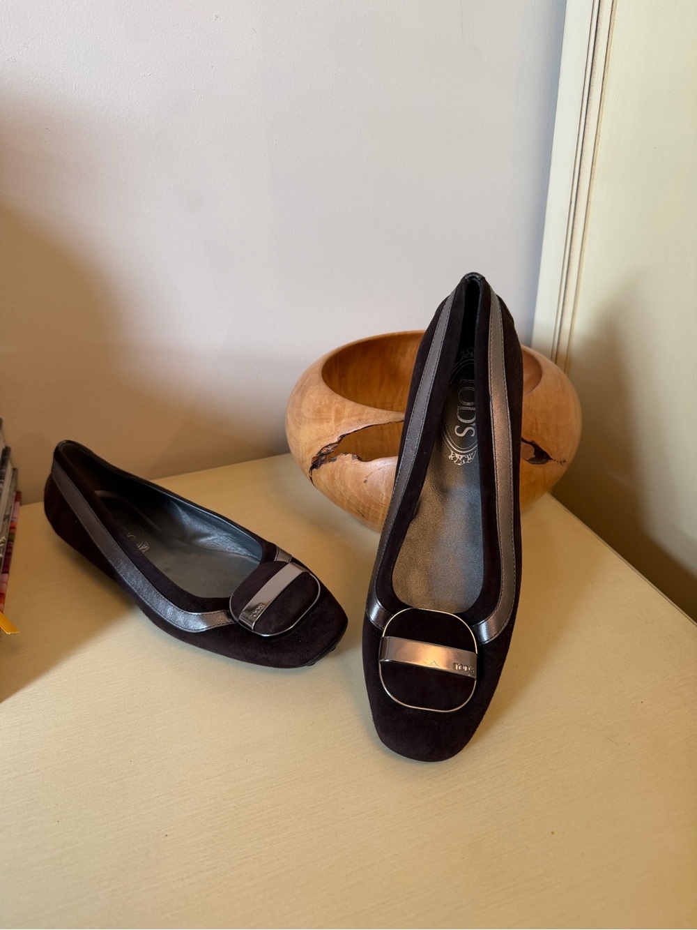 Tod's Black Suede Flats with Brown Trim and Silver Buckle Accent